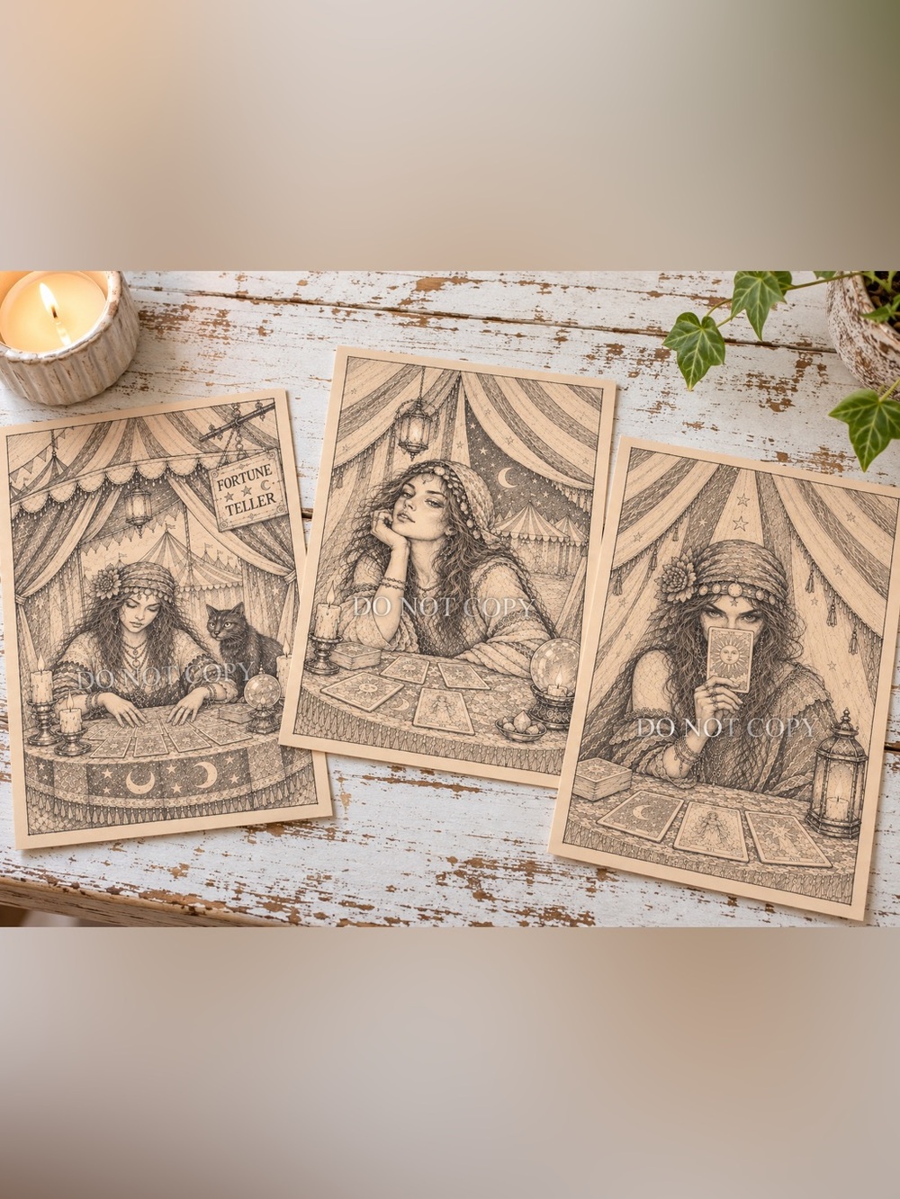 Fortune Teller Tarot Hand Drawn Art Print Set of 3 The Seer Dreamer Oracle 5x7